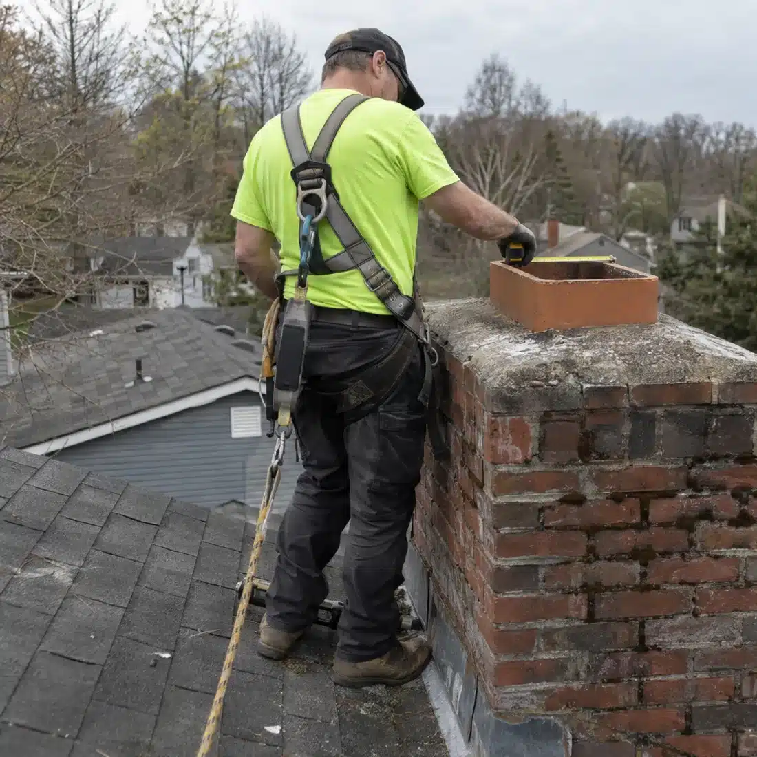 Technician working on chimney cap installation in Dallas