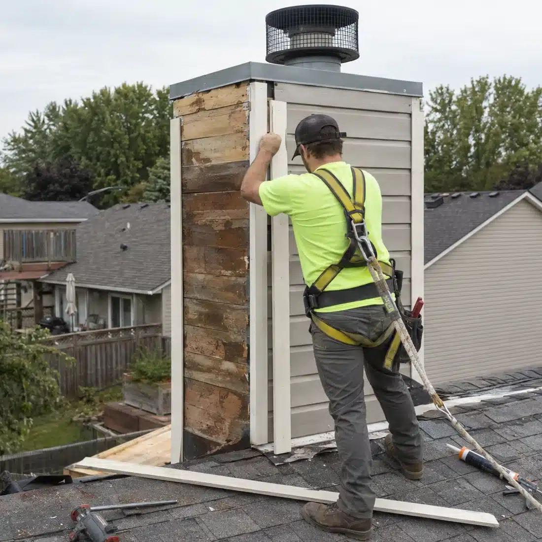 Technician working on chimney chase cover replacement in Dallas