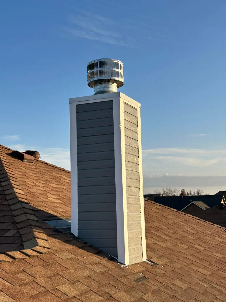Rooftop chimney chase with gray siding and a metal chimney cap against a clear blue sky