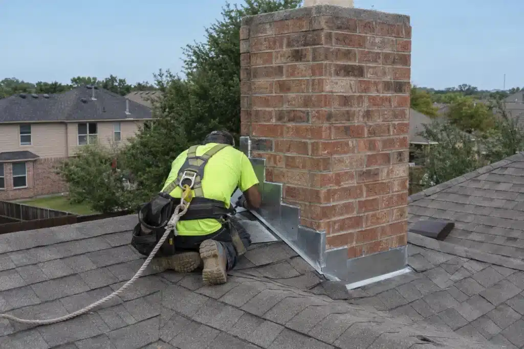 Chimney technician inspecting new step and counter flashing on a brick chimney on a Dallas-area roof