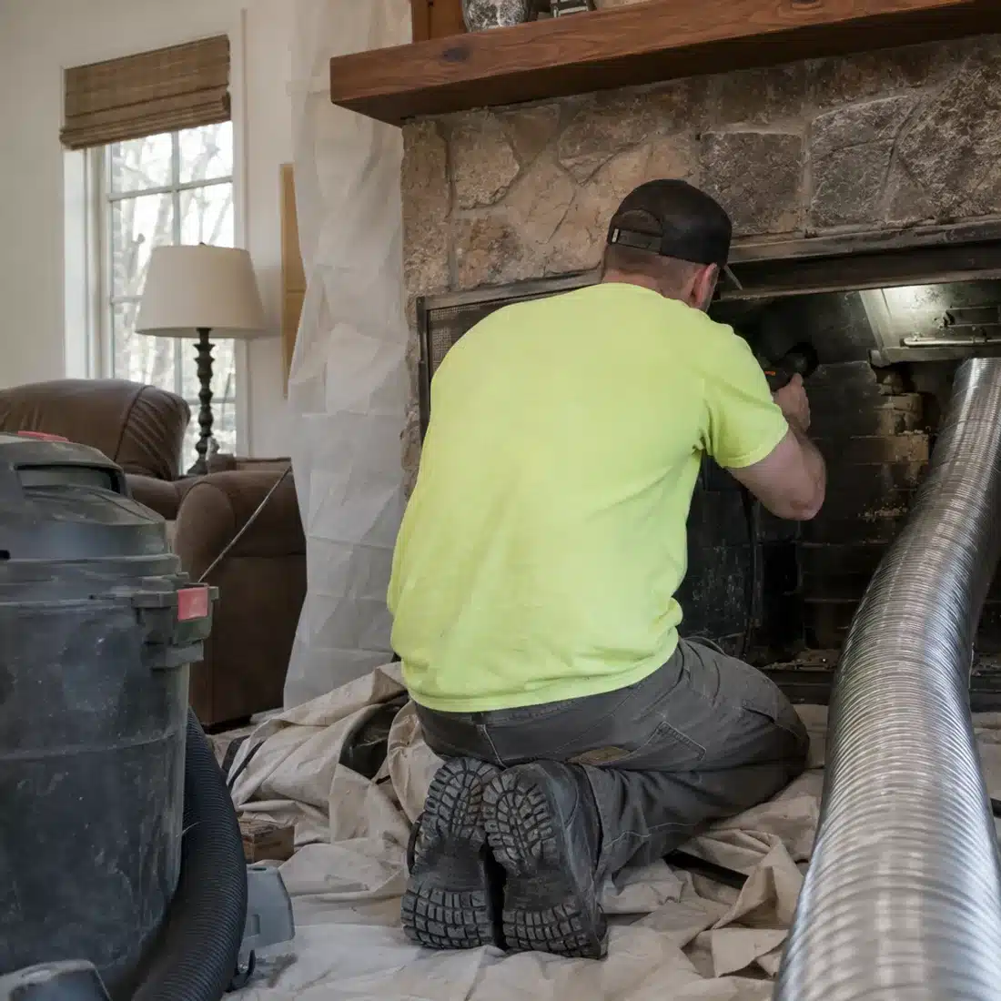 Technician working on chimney liner installation in Dallas