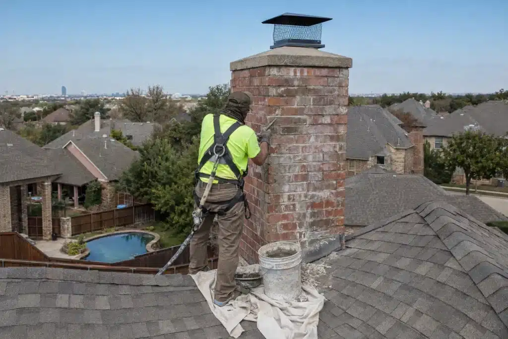 Technician repointing mortar joints on a brick chimney