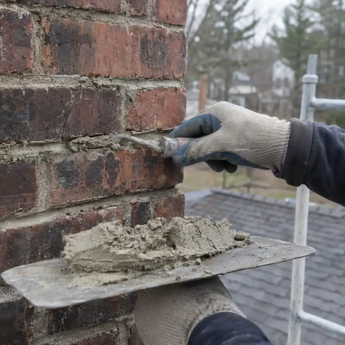 Technician working on chimney rebuild in Dallas