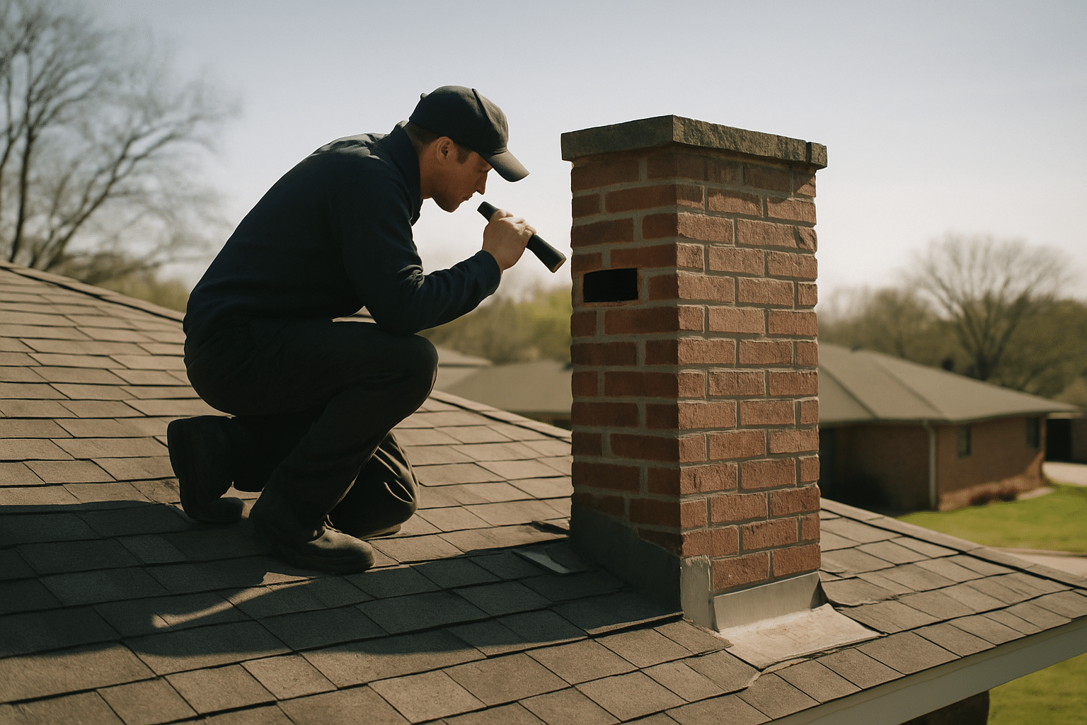 Shows a technician actively inspecting a brick chimney on a typical Carrollton-area home rooftop, directly matching the