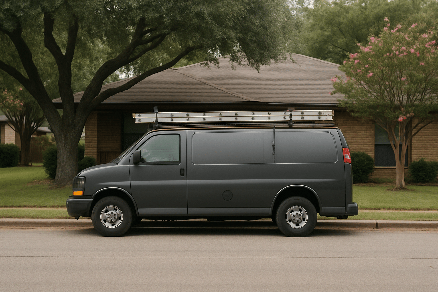 Depicts a professional service crew vehicle outside a region-appropriate Carrollton brick home, reinforcing the local, e