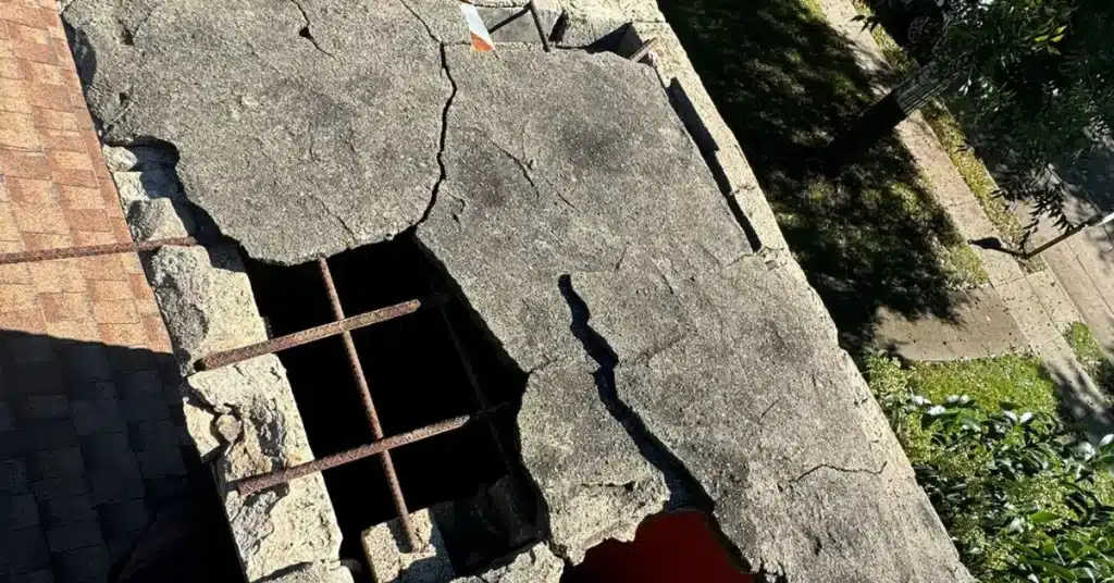 Severely cracked masonry chimney crown with exposed rusted rebar requiring urgent chimney repair.