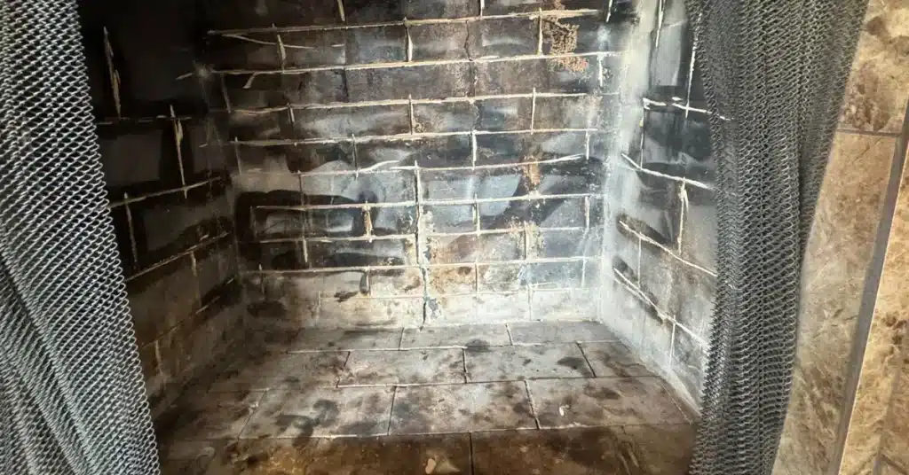 Soot-stained brick fireplace interior showing residue buildup before chimney brush cleaning.