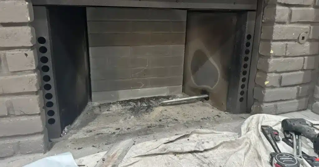 Sooty brick fireplace interior with gas line exposed during faux fireplace renovation.