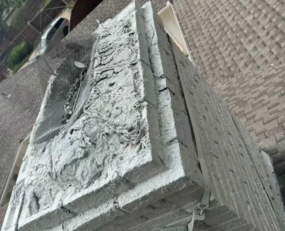 Exterior chimney above roofline with cracked masonry, surface erosion, and visible structural fireplace damage.