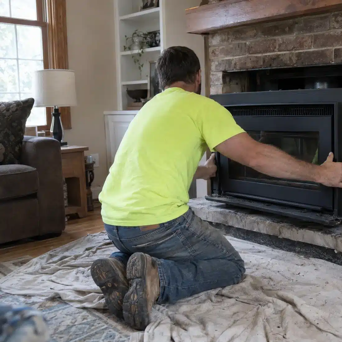 Technician working on fireplace insert installation in Dallas