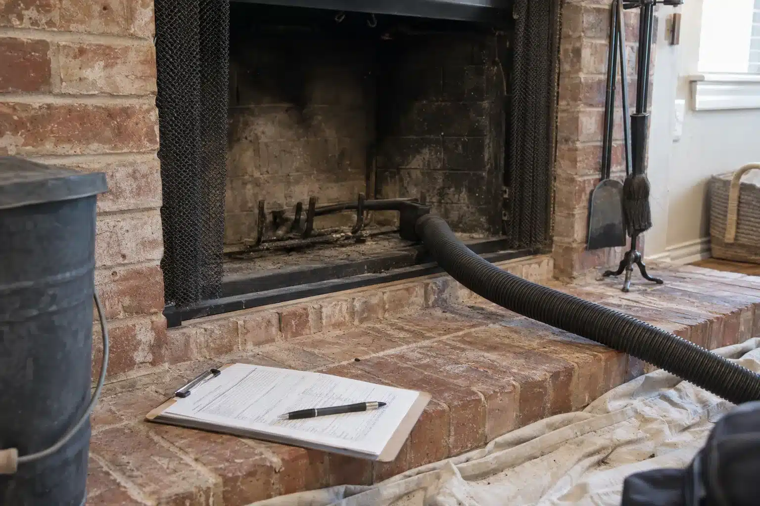 A brick fireplace hearth in a Dallas-area home with a clipboard holding a printed inspection report resting on the surround and a HEPA vacuum hose entering the firebox opening
