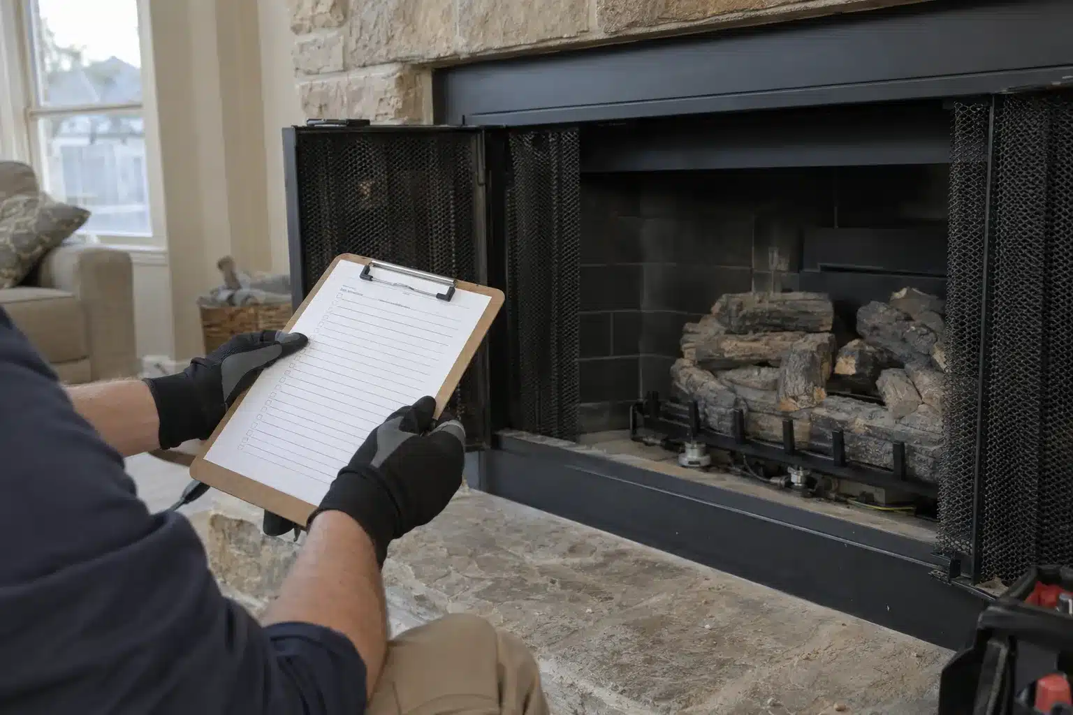 A technician's gloved hands holding a clipboard beside an open gas fireplace in a residential living room, with the firebox visible in the background