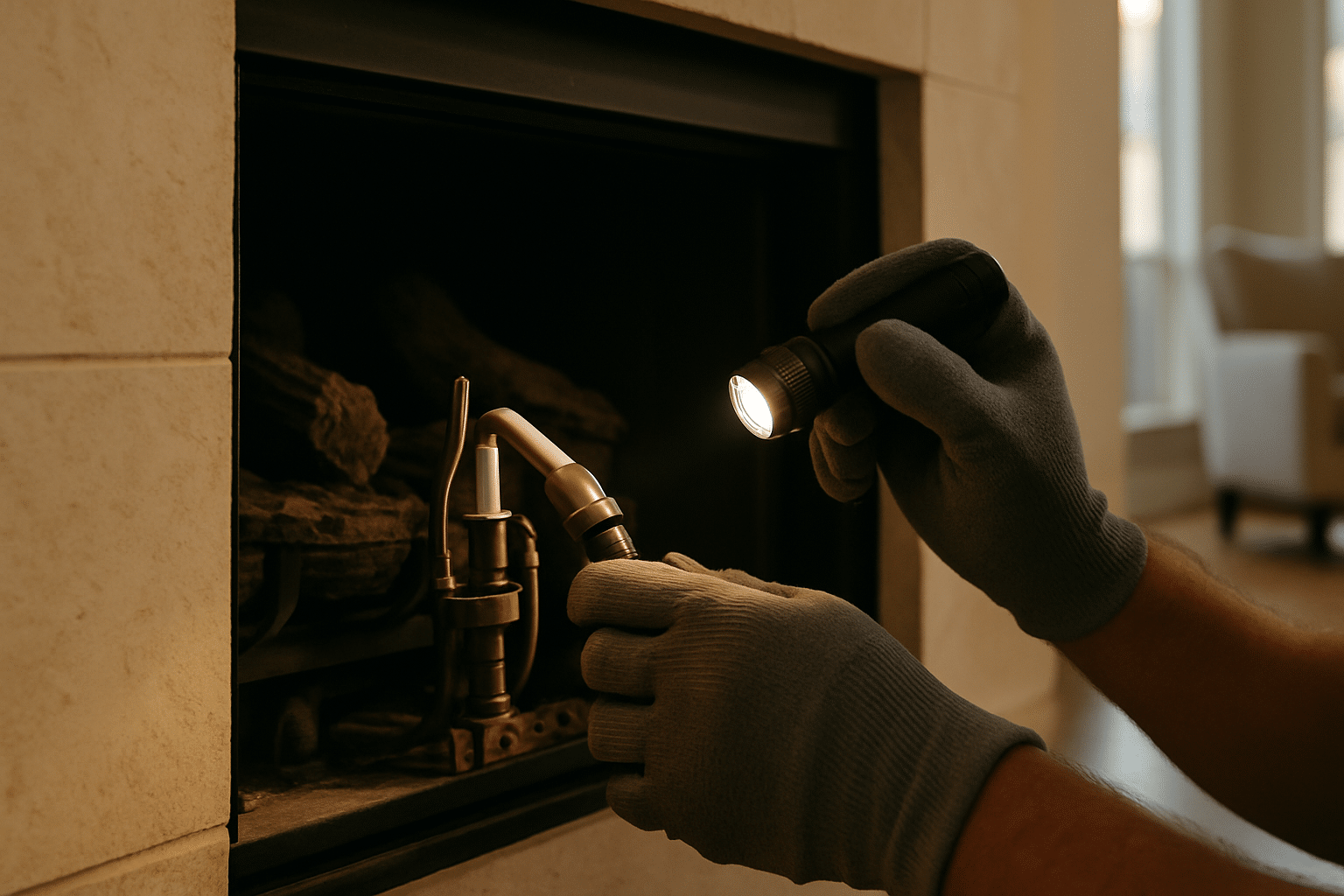 Shows a hands-on safety inspection of a gas fireplace pilot light in a recognisably Texas-style interior, anchoring the