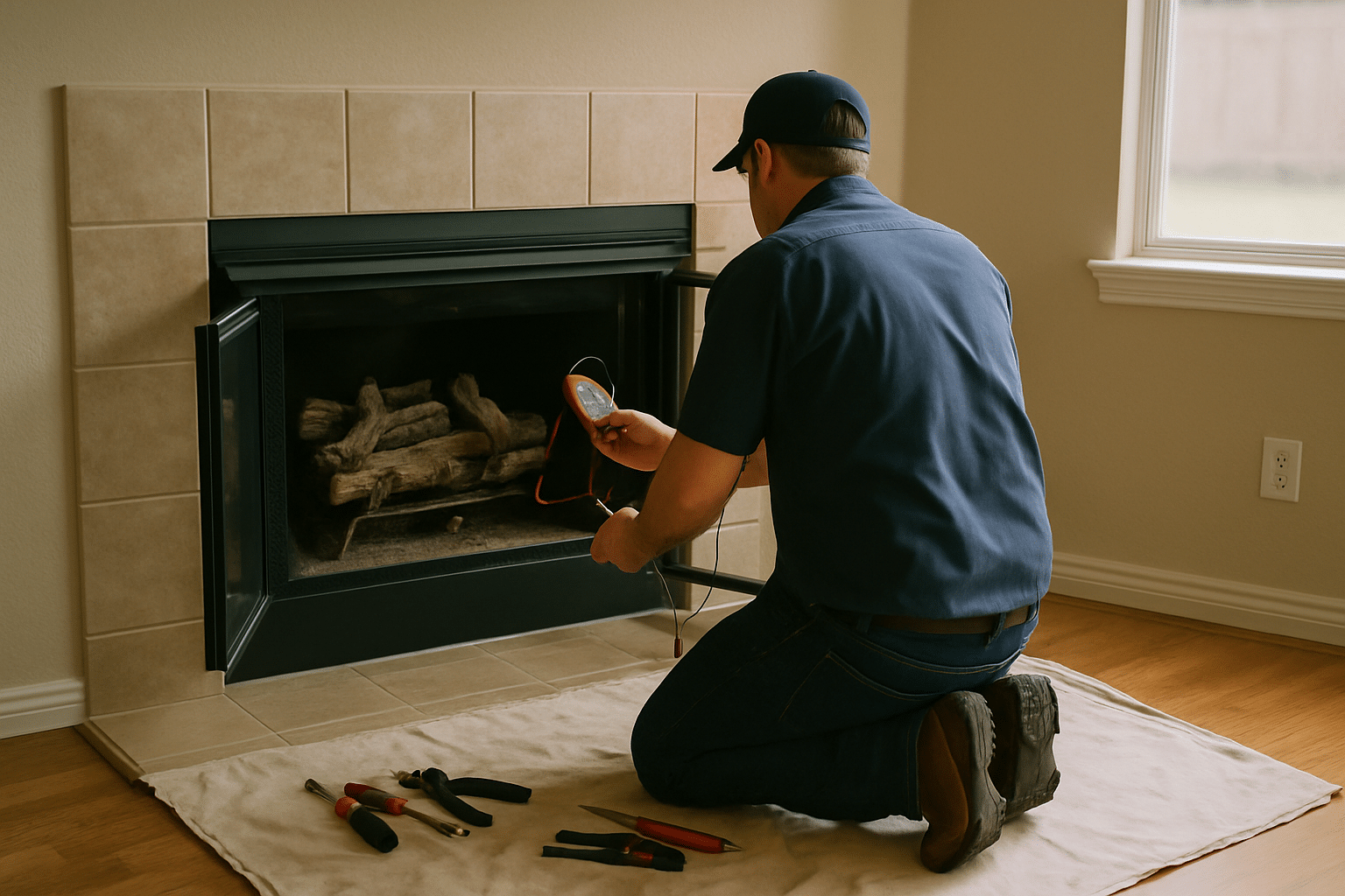 Illustrates a competent professional diagnosing a gas fireplace pilot assembly  -  reinforcing the copy's argument that