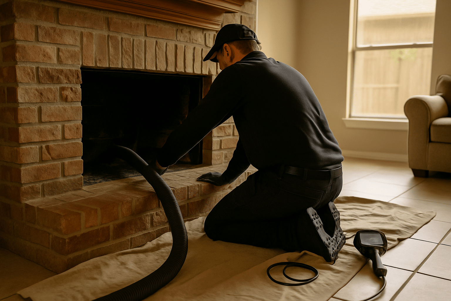 Chimney sweep tools, drop cloths, and a HEPA vacuum rig set up at a residential fireplace