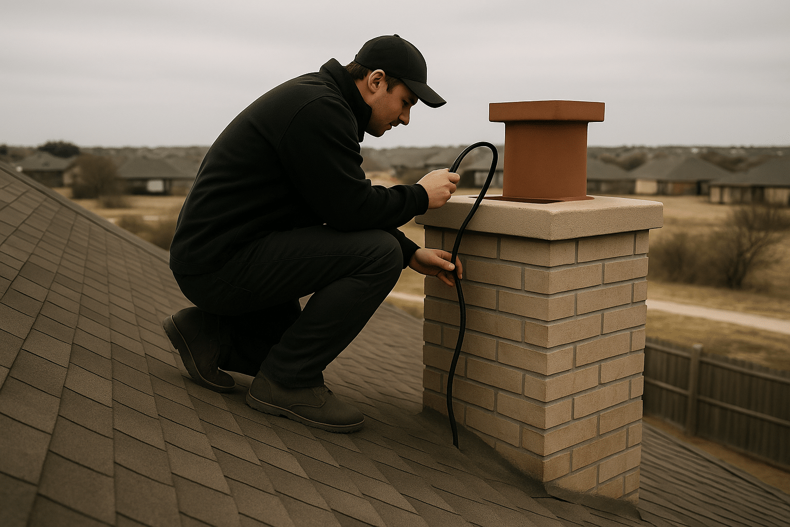 Chimney technician inspecting a rooftop flue and crown on a DFW home